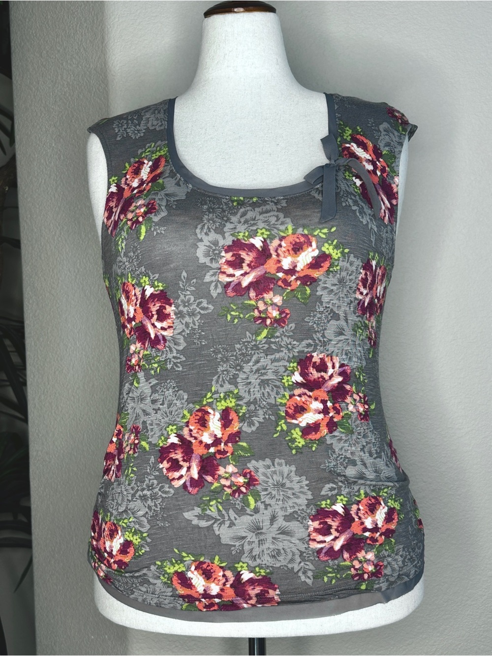 Candie's Gray Floral Scoop Neck Tank with Pink & Green Accents